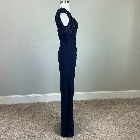 Betsy & Adam Sequined Lace Embellished Long Column Evening Gown Navy Blue Size 8 - Picture 4 of 13